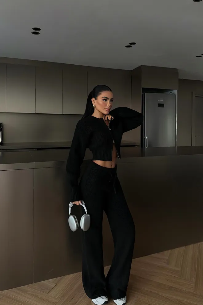 EYYO ATELIER Black Stylish Zip Up Palazzo Set Wholesale Clothing Lounge