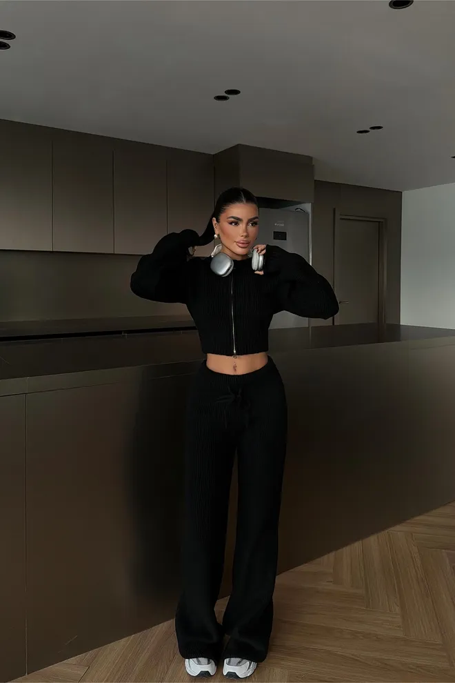 EYYO ATELIER Черный Стильный Комплект Palazzo На Молнии Оптовая продажа одежды Скромный