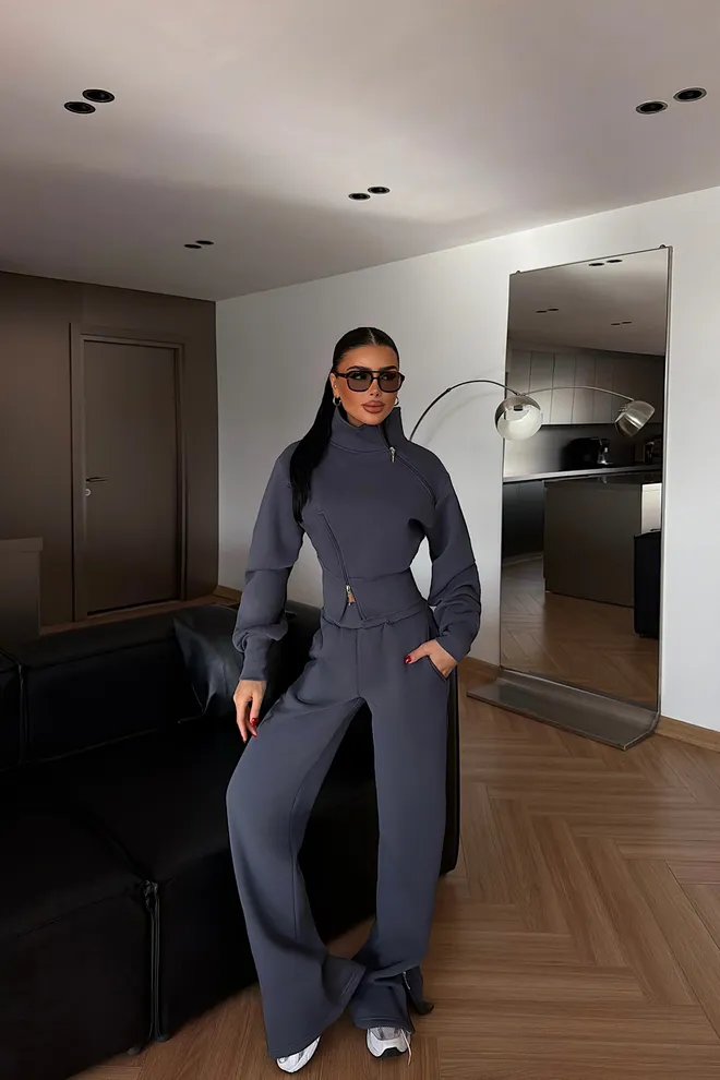 EYYO ATELIER Set Gri Gündelik Spor Giyim Sokak Tarzı Toptan Giyim Ev Hali