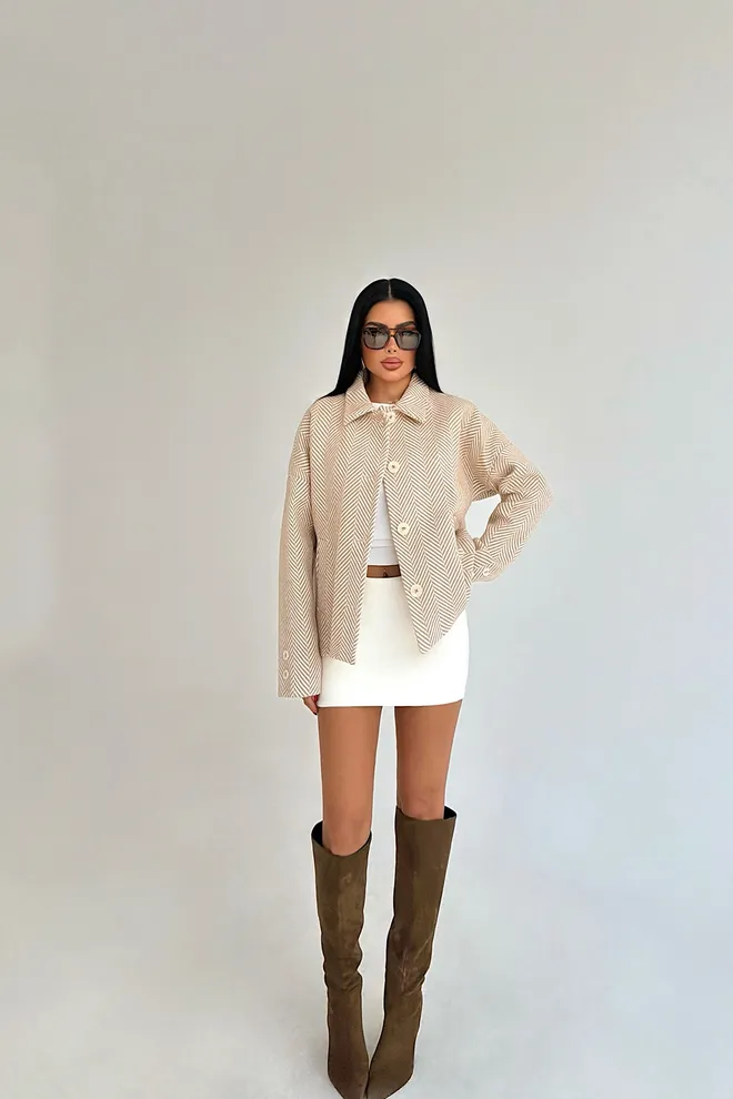 EYYO ATELIER Beige Overshirt Jacket With Herringbone Pattern Wholesale Clothing 1