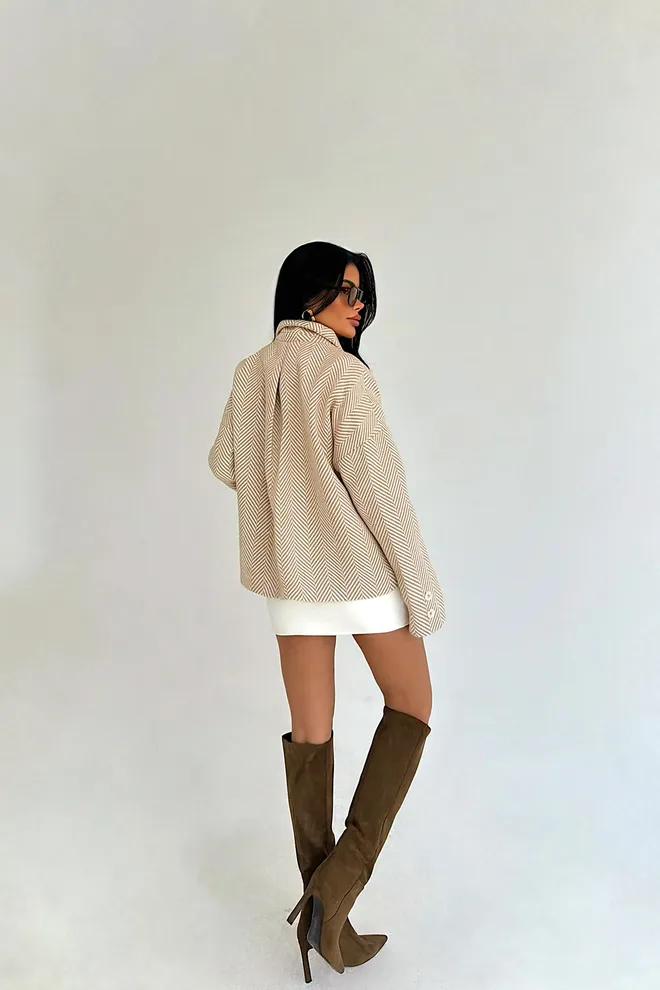 EYYO ATELIER Beige Overshirt Jacket With Herringbone Pattern Wholesale Clothing Lounge