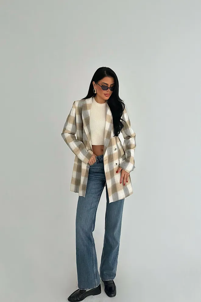 EYYO ATELIER Beige Double Breasted Blazer Jacket Wholesale Clothing 1