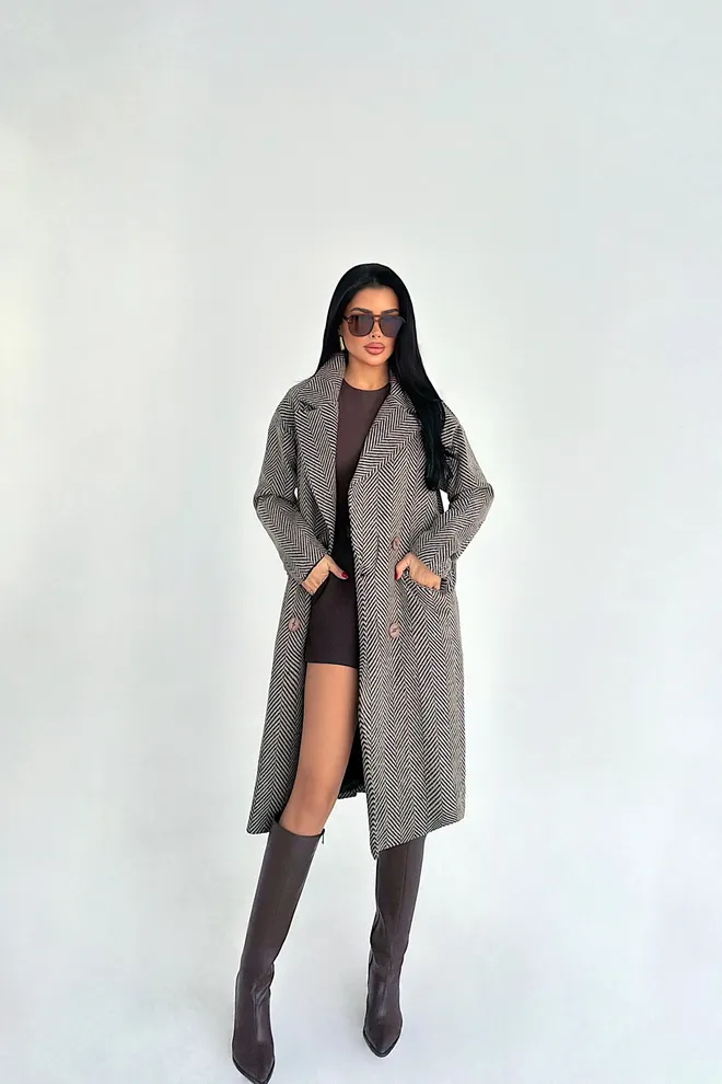 EYYO ATELIER Kahverengi Balıksırtı Tek Düğmeli Kaban Toptan Giyim Gündelik