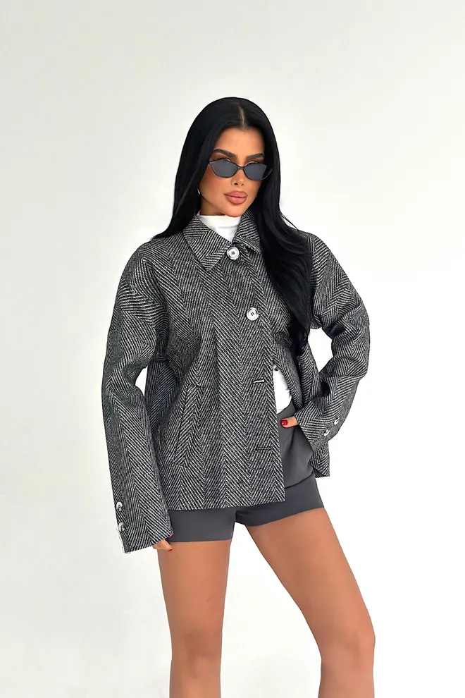 EYYO ATELIER Grijze Jas Overhemd Met Visgraatpatroon Groothandel Kleding Casual