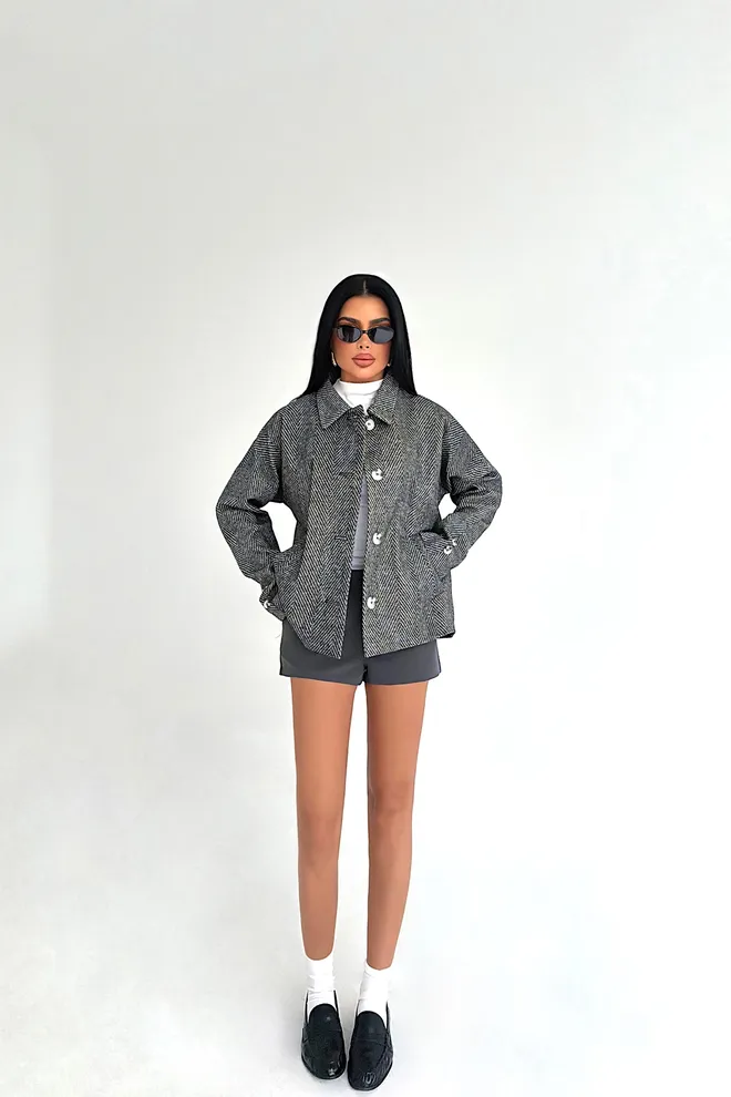 EYYO ATELIER Grey Overshirt Jacket With Herringbone Pattern Wholesale Clothing 1
