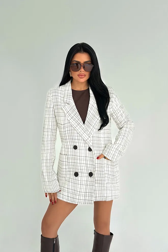 EYYO ATELIER Beyaz Çift Düğmeli Blazer Ceket Toptan Giyim Nostaljik