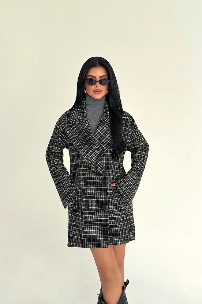 EYYO ATELIER Abrigo Negro De Un Solo Pecho A Cuadros Ropa al por mayor Casual