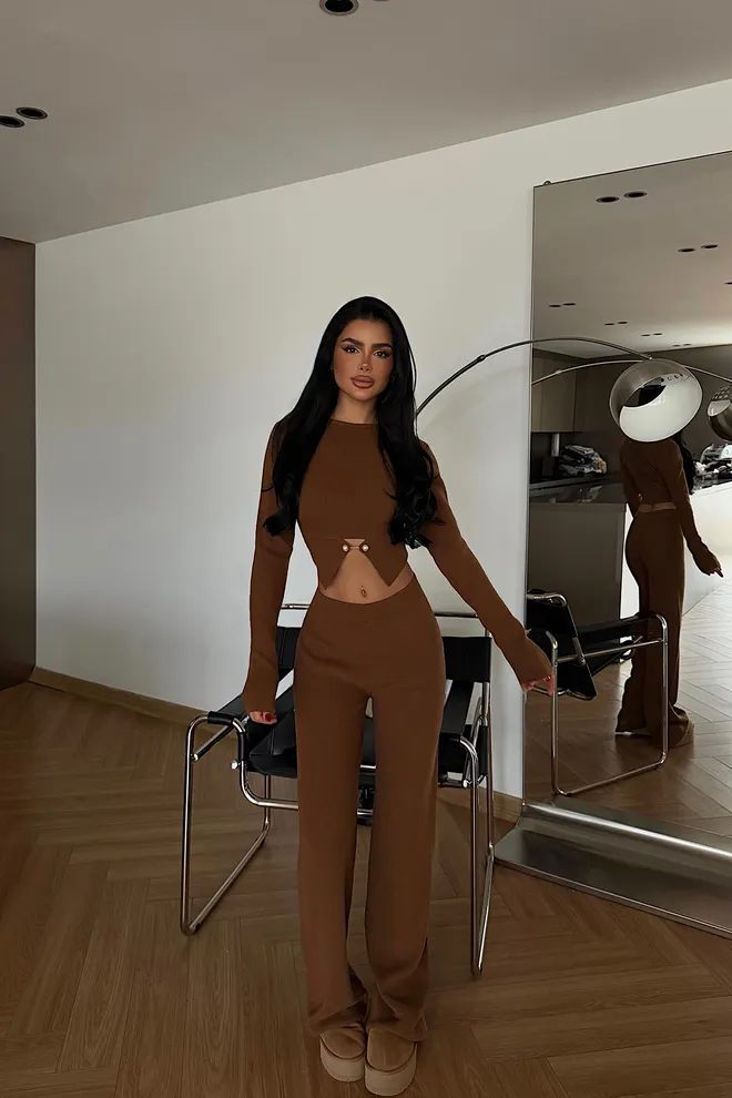 EYYO ATELIER Ensemble Brun Élégant Décontracté Streetwear Vêtements en gros Décontracté