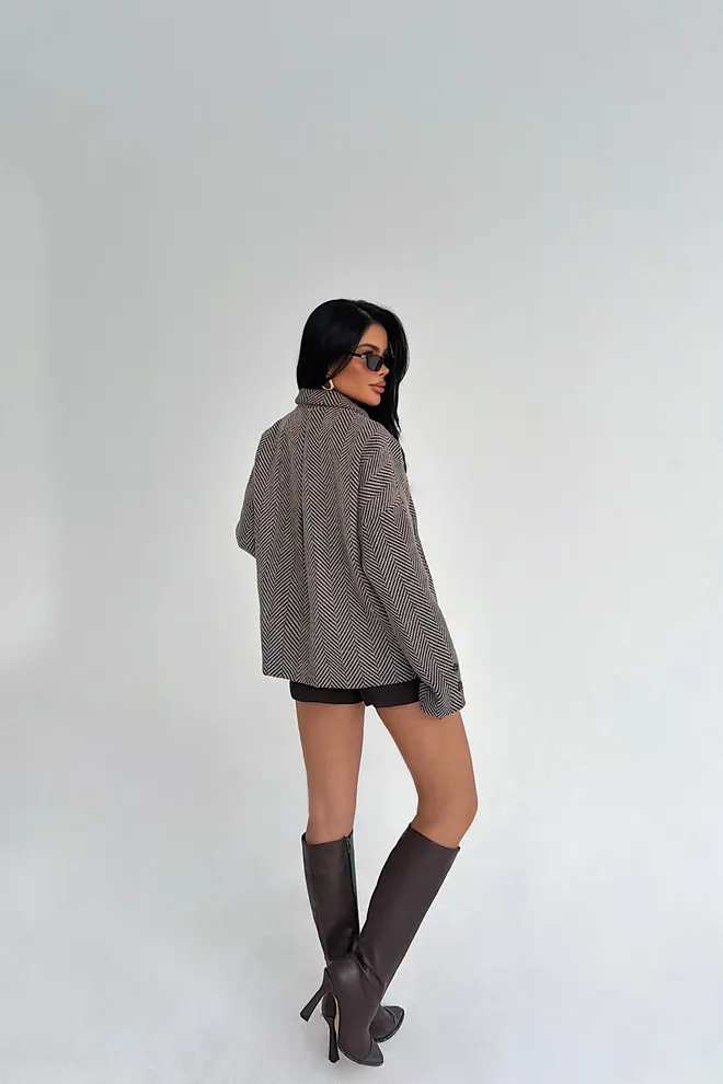 EYYO ATELIER Brown Herringbone Single Breasted Blazer Jacket Wholesale Clothing Lounge