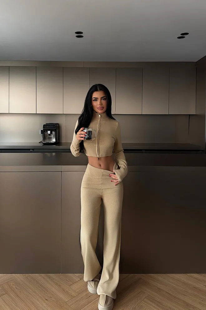 EYYO ATELIER Beige Elegant Zip Up Palazzo Set Groothandel Kleding Casual