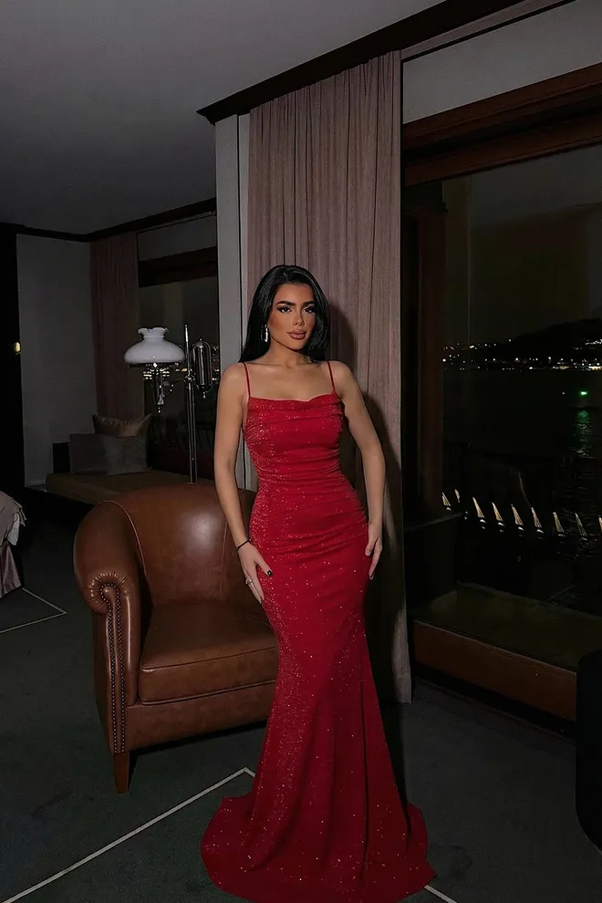 EYYO ATELIER Rdeča Elegantna Bleščeča Oprijeta Obleka Brez Rokavov Dolžina Do Tal Oblačila na debelo Seksi