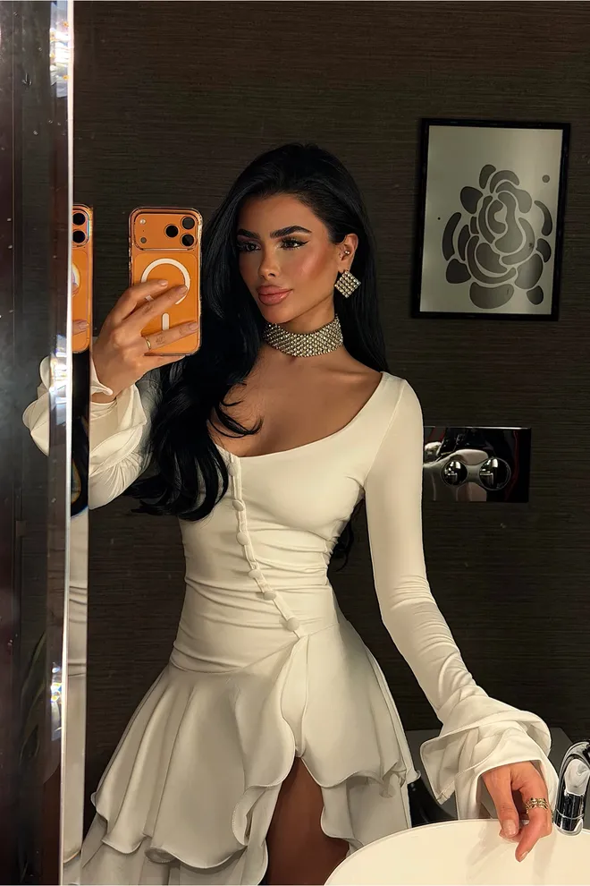 EYYO ATELIER White Fit And Flare Mini Dress With Ruffle Sleeves Wholesale Clothing 1