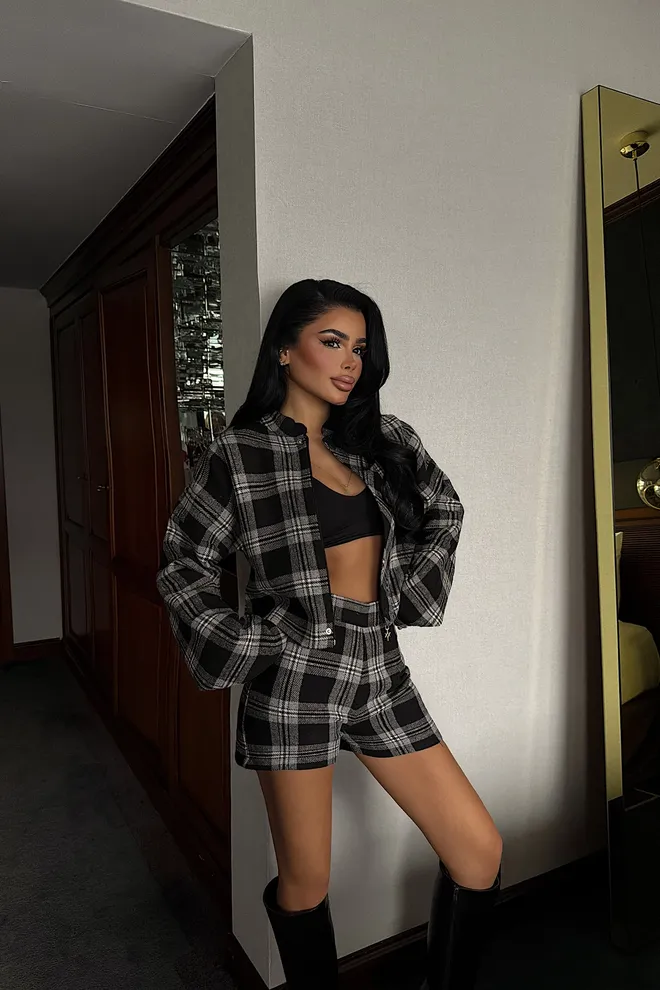 EYYO ATELIER Black Checkered Casual Bermuda Set Wholesale Clothing Casual