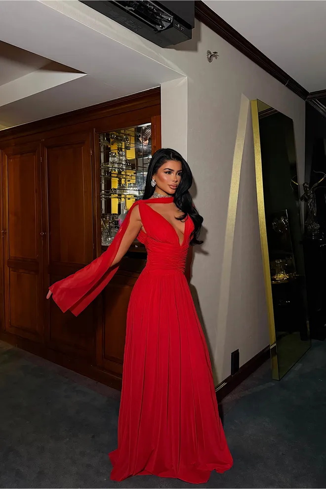 EYYO ATELIER Red Fit And Flare Dress With Plunging Neckline Wholesale Clothing 1