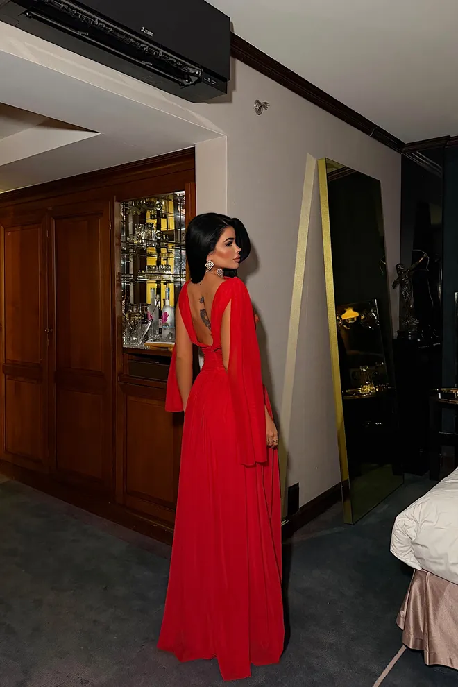 EYYO ATELIER Red Fit And Flare Dress With Plunging Neckline Wholesale Clothing Spring