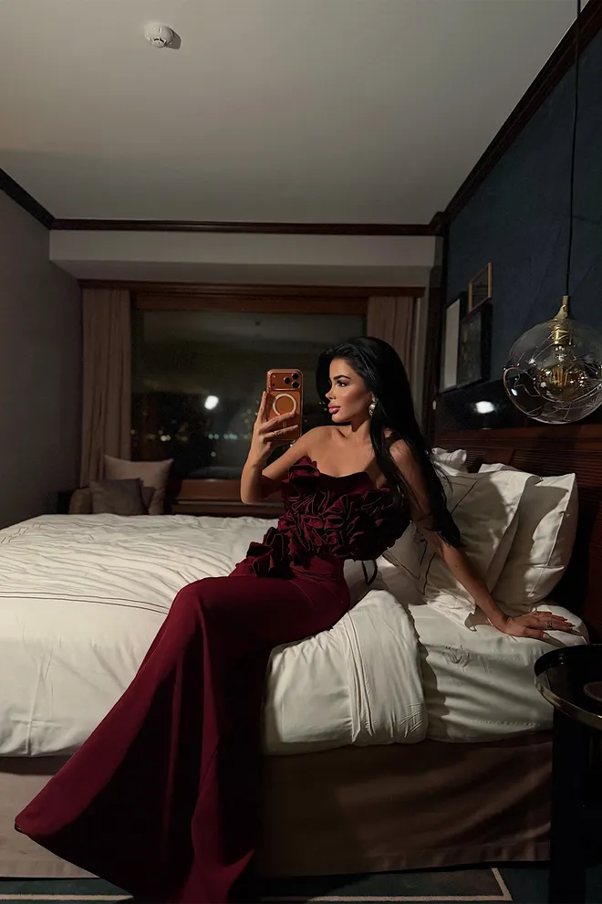 EYYO ATELIER Claret Red Elegant Fitted Mermaid Maxi Set Wholesale Clothing Sexy