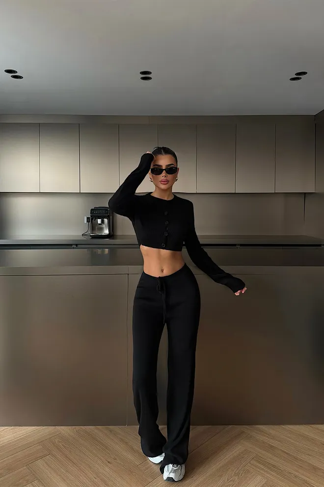 EYYO ATELIER Black Slim Fit Palazzo Set With Extra Long Sleeves Wholesale Clothing Casual