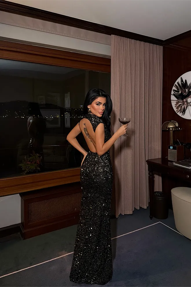 EYYO ATELIER Čierne Glam Elegantné Flitrované Bodycon Šaty Veľkoobchod s oblečením Jar