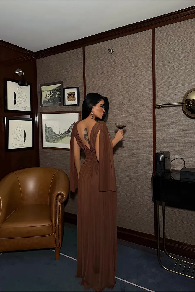 EYYO ATELIER Elegant Brown Fit And Flare Dress Wholesale Clothing Spring