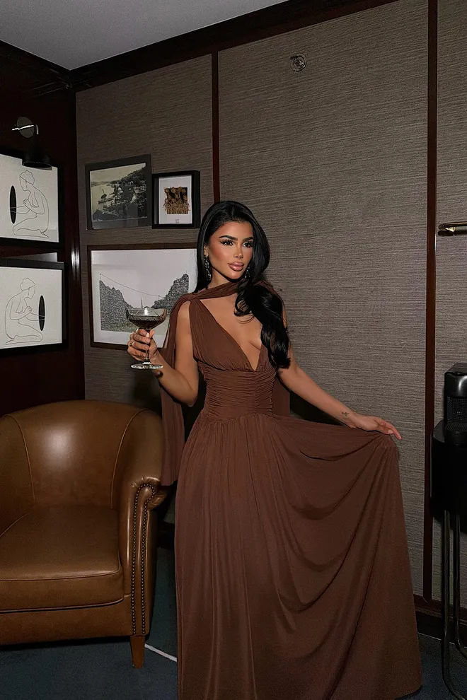 EYYO ATELIER Elegant Brown Fit And Flare Dress Wholesale Clothing Sexy