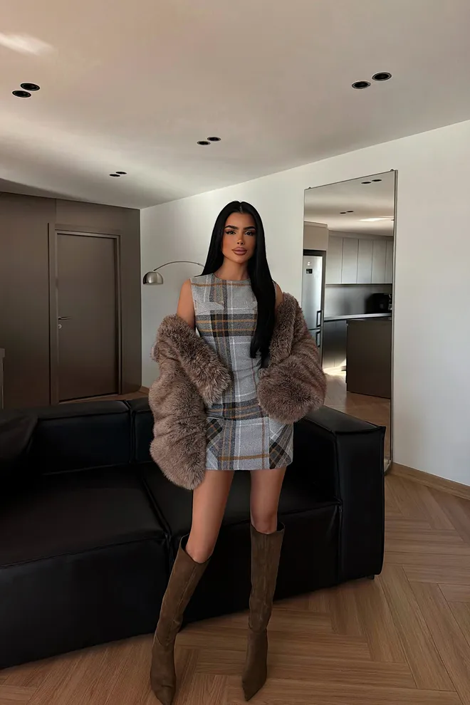 EYYO ATELIER Grey Checkered Shift Dress With Cap Sleeves Wholesale Clothing Work