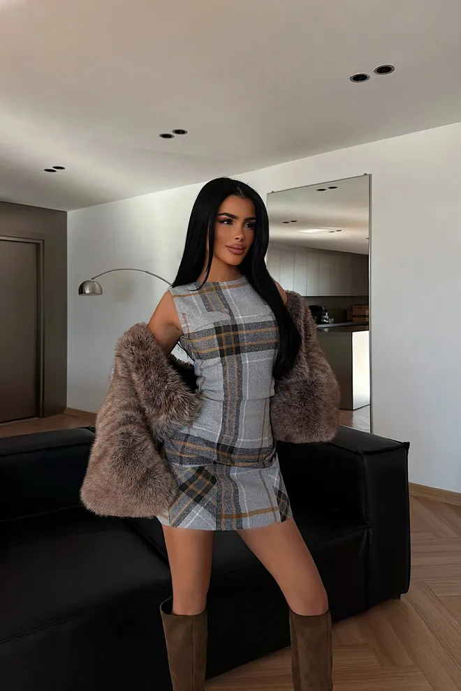 EYYO ATELIER Grey Checkered Shift Dress With Cap Sleeves Wholesale Clothing Casual