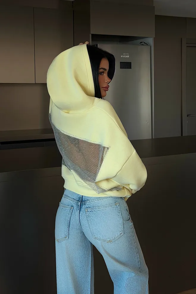 EYYO ATELIER Yellow Sweatshirt Oversized Crop Hooded Sequined Casual Wholesale Clothing Lounge