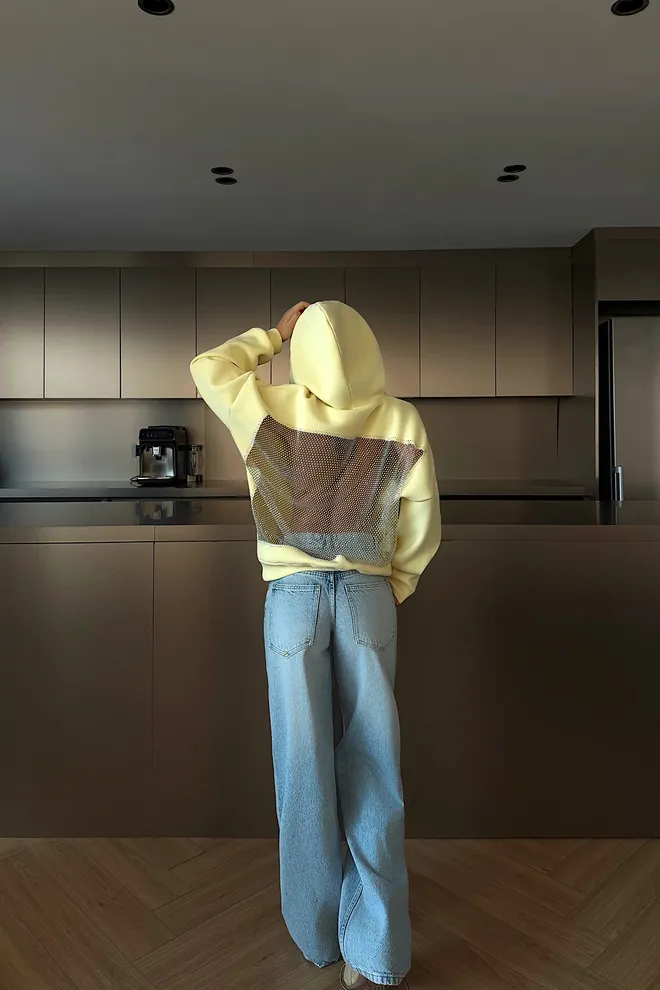 EYYO ATELIER Yellow Sweatshirt Oversized Crop Hooded Sequined Casual Wholesale Clothing 1