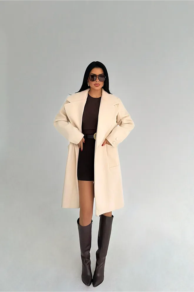 EYYO ATELIER Beige Elegant Single Breasted Coat With Notched Collar Wholesale Clothing Casual
