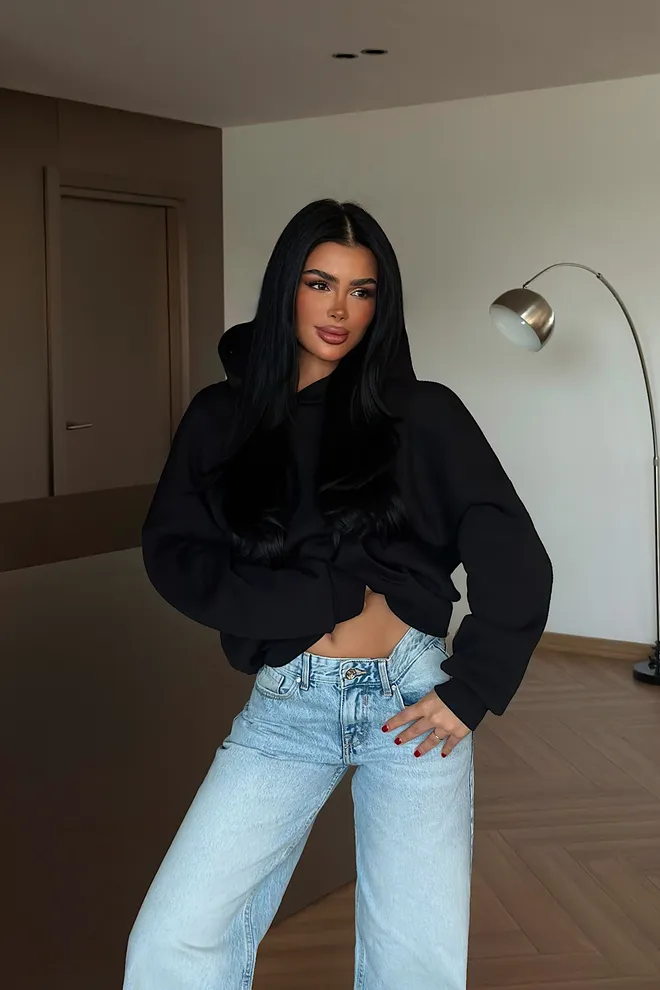 EYYO ATELIER Black Sequined Streetwear Crop Hoodie Oversized Fit Wholesale Clothing 1