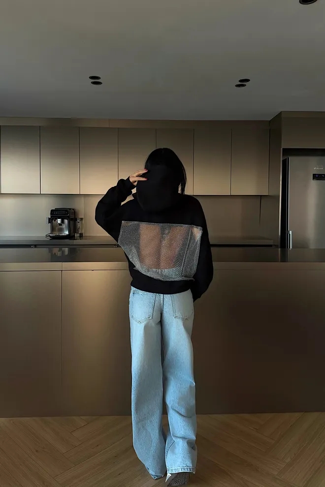 EYYO ATELIER Black Sequined Streetwear Crop Hoodie Oversized Fit Wholesale Clothing Spring