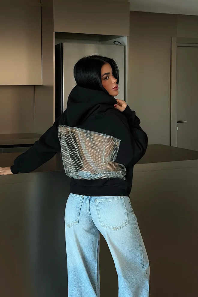 EYYO ATELIER Black Sequined Streetwear Crop Hoodie Oversized Fit Wholesale Clothing Casual