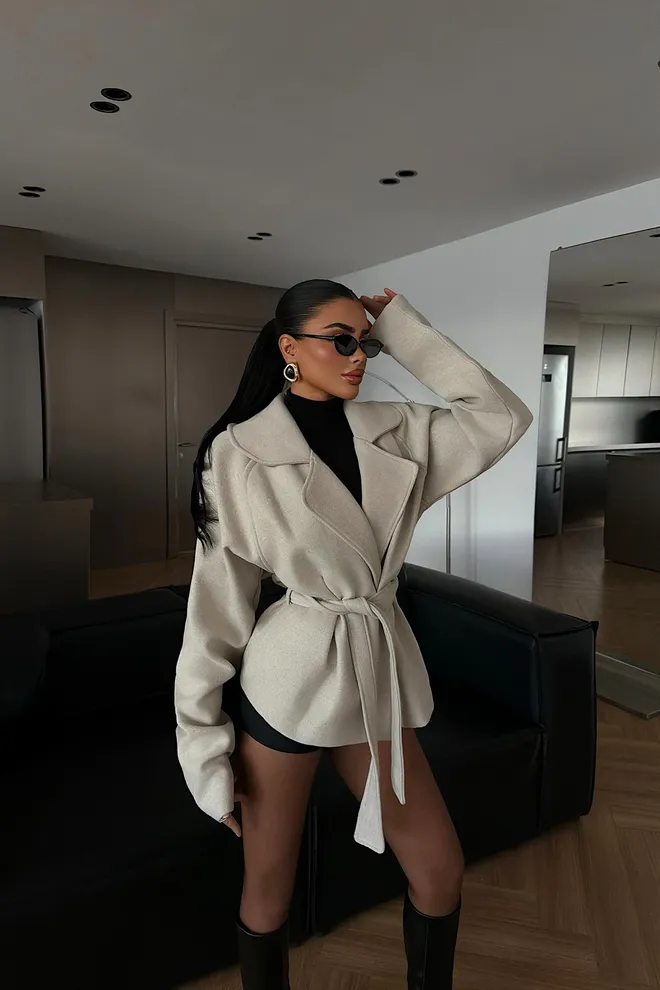 EYYO ATELIER Beige Elegant Oversized Wrapover Jacket Wholesale Clothing 1