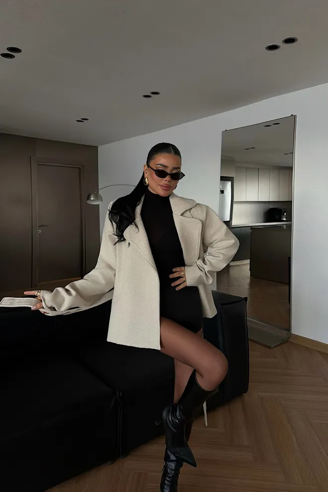 EYYO ATELIER Beige Elegant Oversized Wrapover Jacket Wholesale Clothing Work