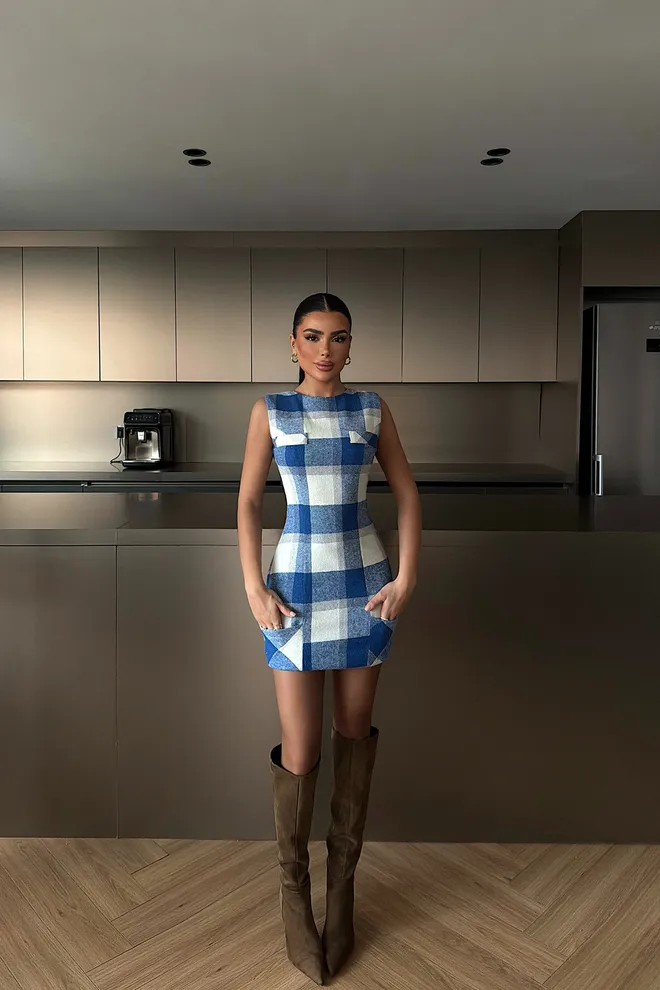 EYYO ATELIER Blue Checkered Sleeveless Shift Dress Wholesale Clothing Casual