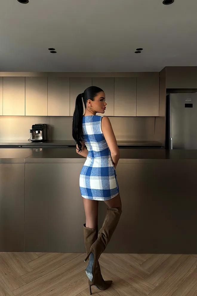 EYYO ATELIER Blue Checkered Sleeveless Shift Dress Wholesale Clothing Spring