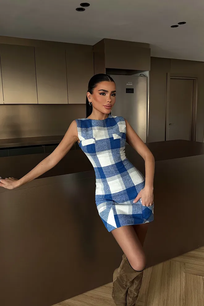 EYYO ATELIER Blue Checkered Sleeveless Shift Dress Wholesale Clothing 1