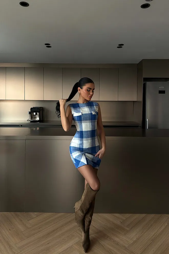 EYYO ATELIER Blue Checkered Sleeveless Shift Dress Wholesale Clothing Work