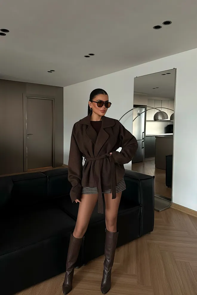 EYYO ATELIER Brown Elegant Wrapover Jacket Wholesale Clothing 1