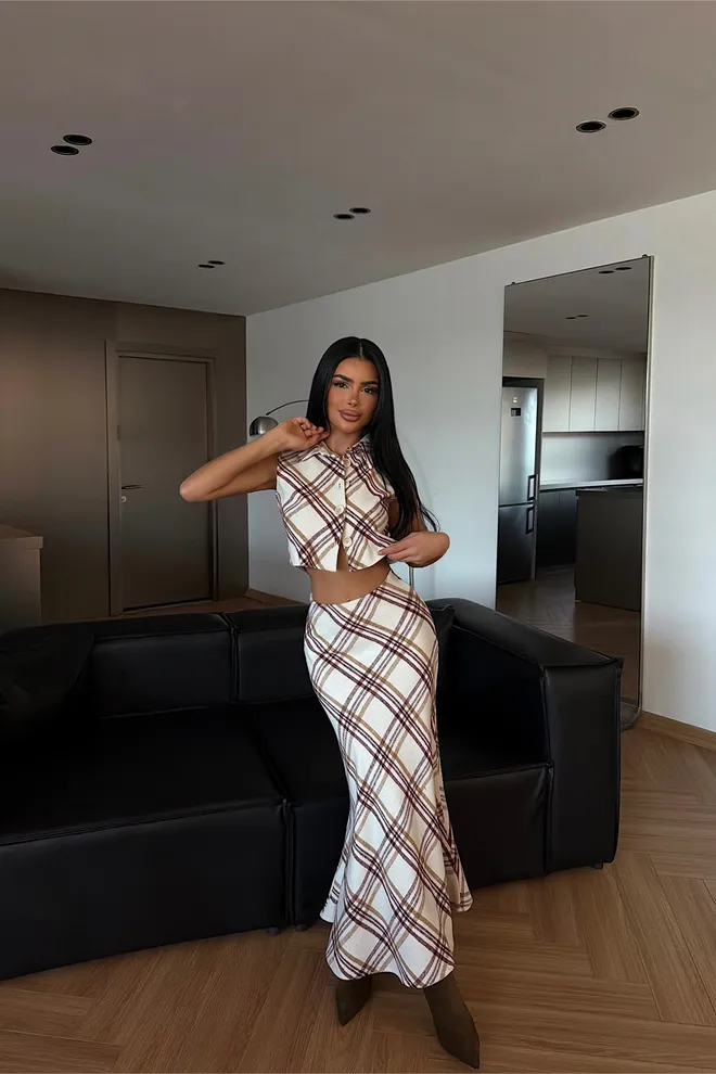 EYYO ATELIER جلس بيج مربعات نحيف حورية البحر ماكسي ملابس بالجملة غير رسمي