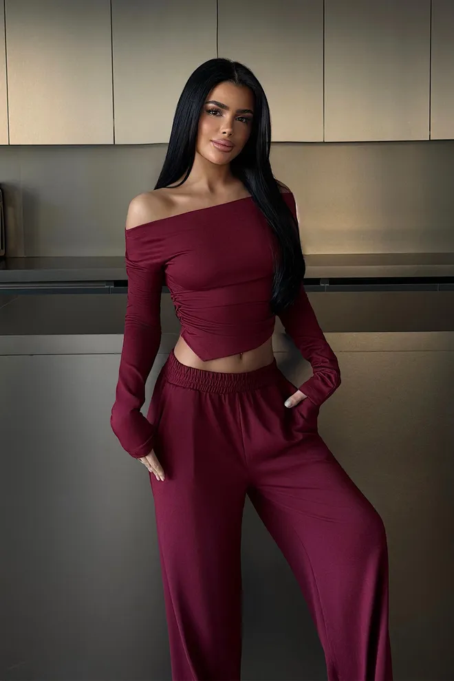 EYYO ATELIER Bordo Takım Palazzo Geniş Paça Pantolonlu Toptan Giyim Gündelik