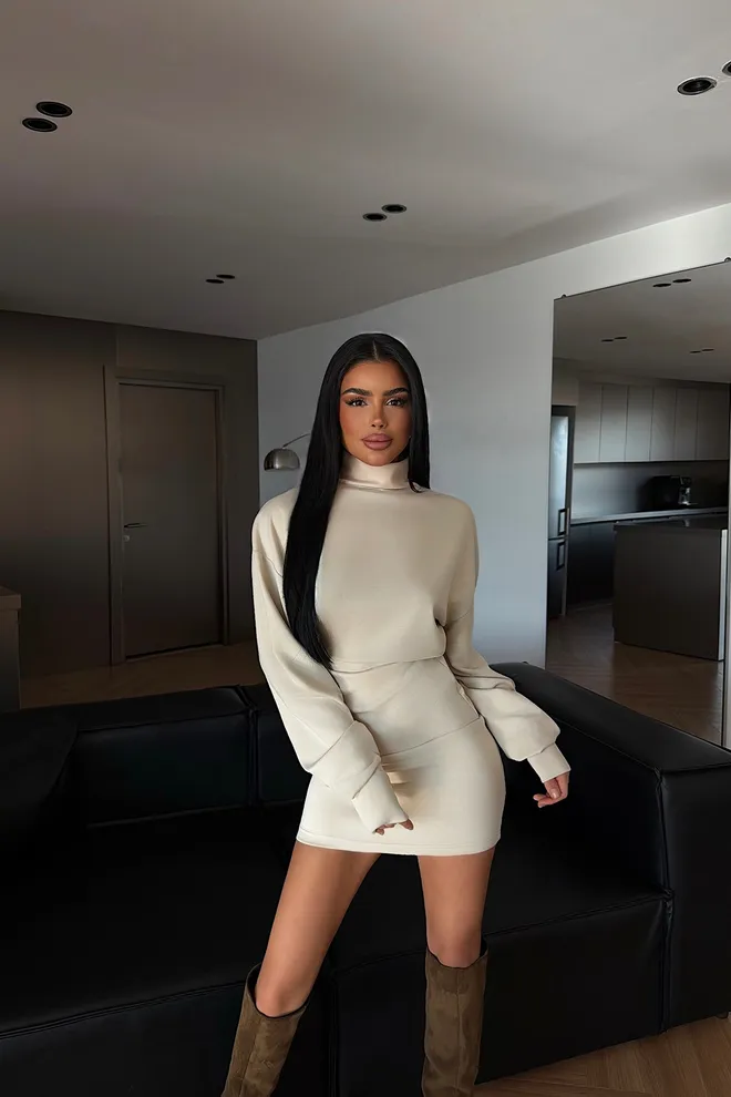 EYYO ATELIER Bej Elbise Bodycon Mini Uzun Kol Boğazlı Toptan Giyim Gündelik