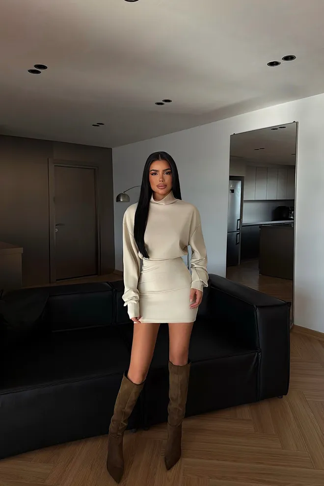 EYYO ATELIER Beige Dress Bodycon Mini Long Sleeve Turtle Neck Wholesale Clothing 1