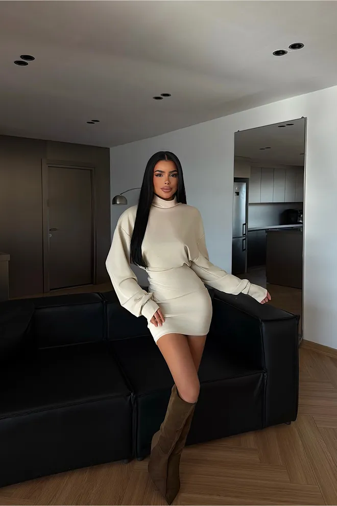 EYYO ATELIER Beige Dress Bodycon Mini Long Sleeve Turtle Neck Wholesale Clothing Lounge