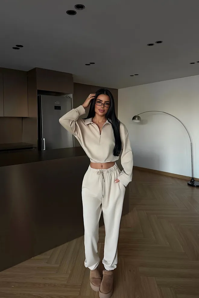 EYYO ATELIER Beige Tracksuit Casual Sport Elegant Zip Up Jogger Wholesale Clothing Casual