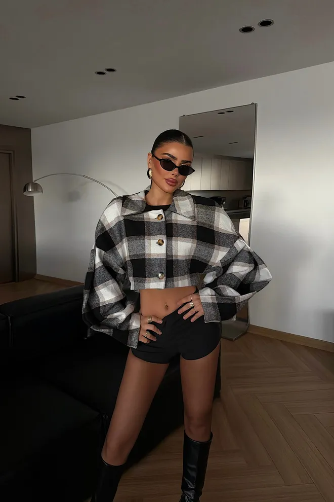 EYYO ATELIER Black Checkered Oversized Shacket Jacket Wholesale Clothing 1