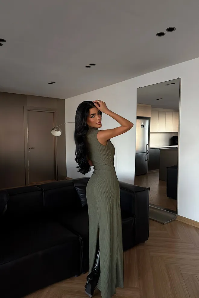 EYYO ATELIER Vestido Caqui Elegante Sin Mangas Maxi Vaina Ropa al por mayor Primavera