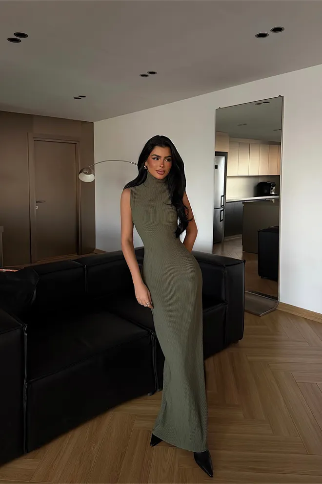 EYYO ATELIER Vestido Caqui Elegante Sin Mangas Maxi Vaina Ropa al por mayor 1