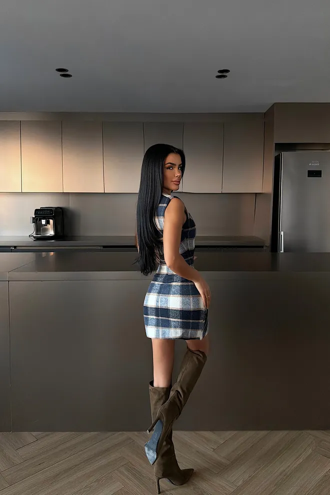 EYYO ATELIER Blue Checkered Sheath Mini Dress Wholesale Clothing Spring