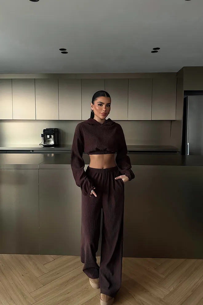 EYYO ATELIER Brown Casual Streetwear Wide Leg Jogger Set Wholesale Clothing Casual